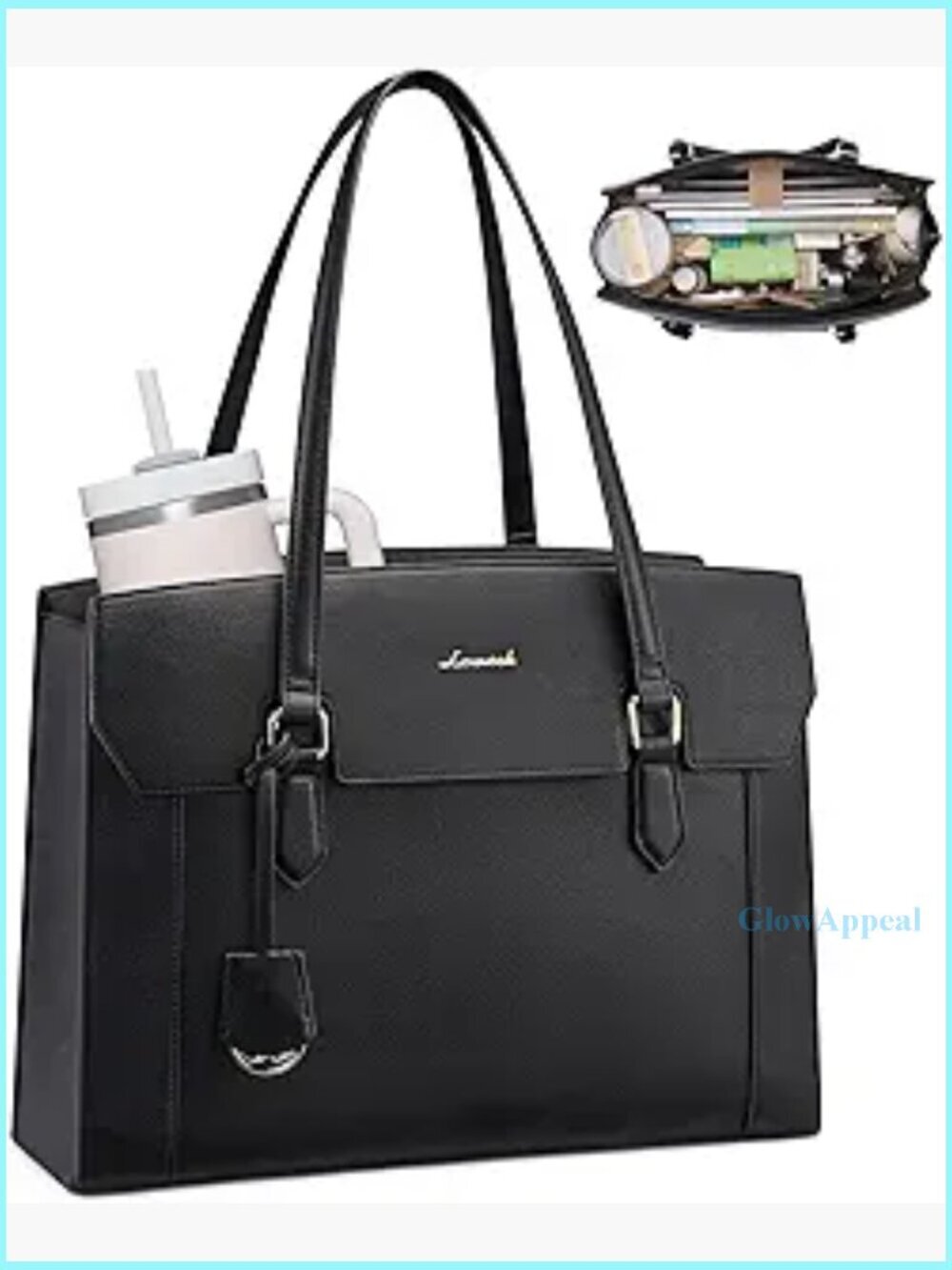 15.6 Inch Laptop Tote Bag with Large Cup Holder, Waterproof PU Leather Briefcase
